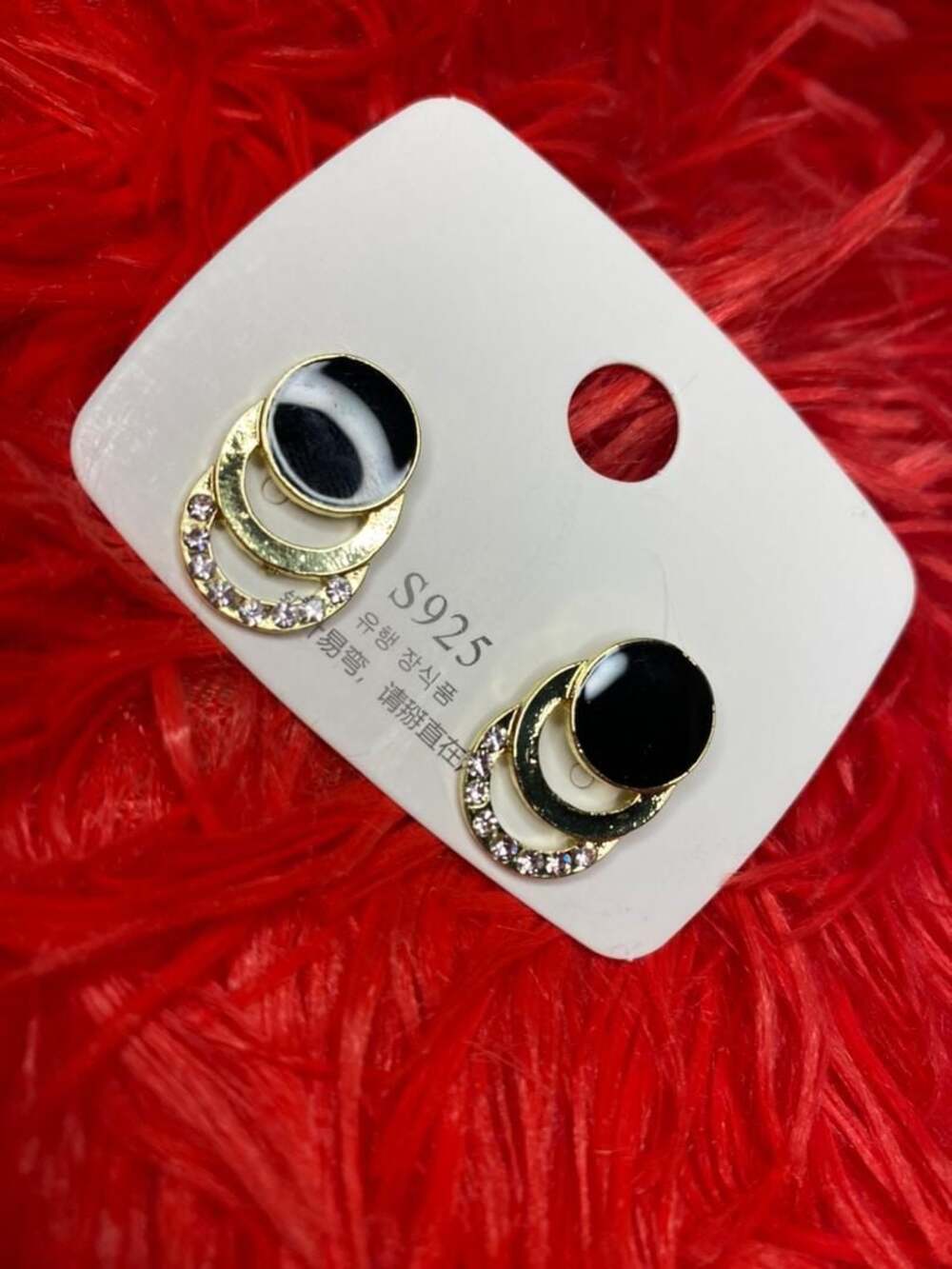 S925 Gold-Tone Triple Circle Stud Earrings with Black Enamel and Crystals